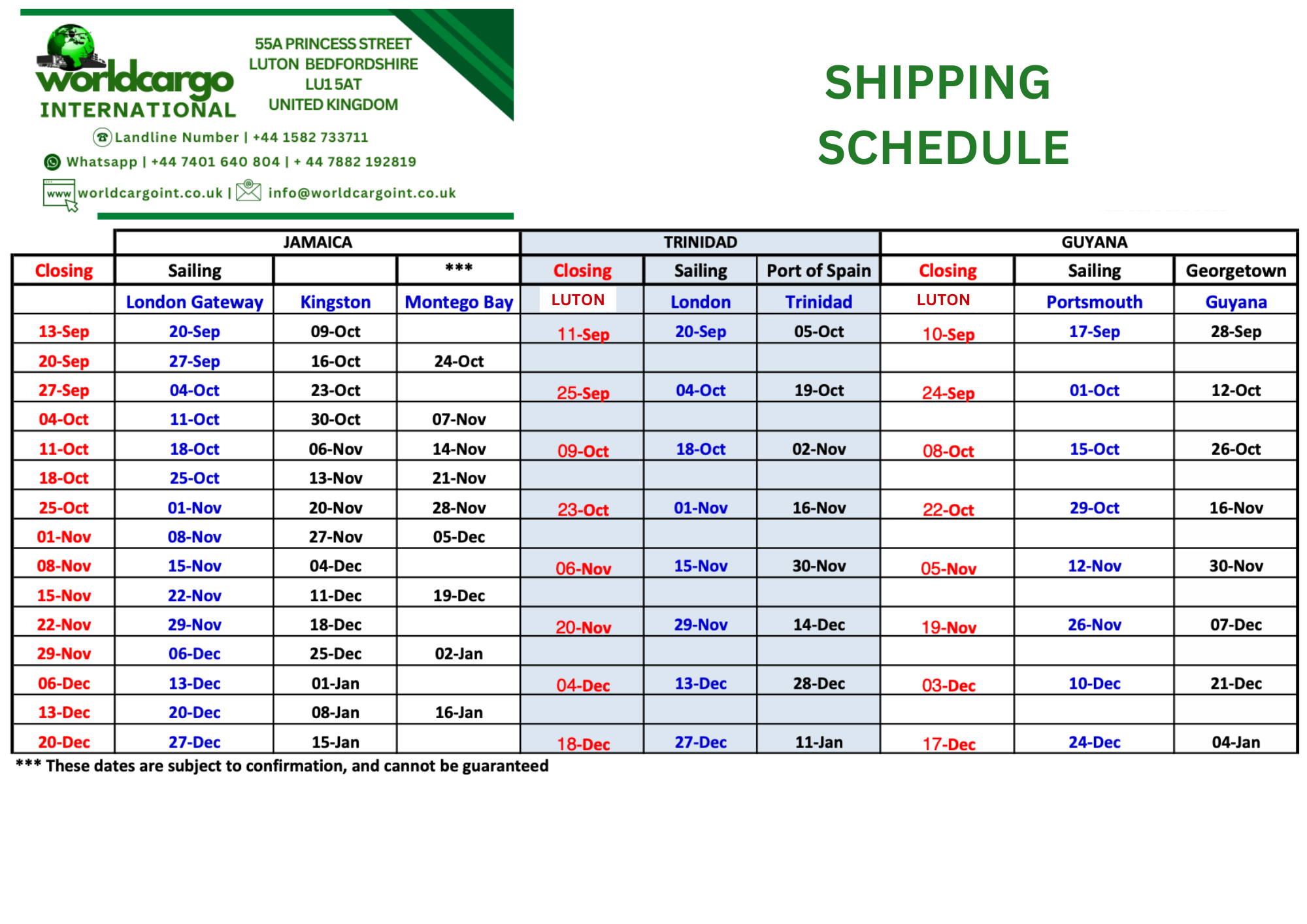 World Cargo International Schedule